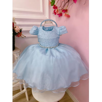 Vestido Infantil Azul C/ Renda e Cinto de Pérolas Tiara