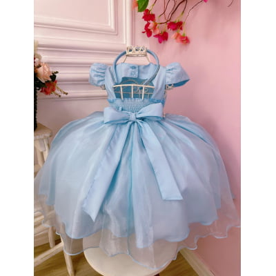 Vestido Infantil Azul C/ Renda e Cinto de Pérolas Tiara