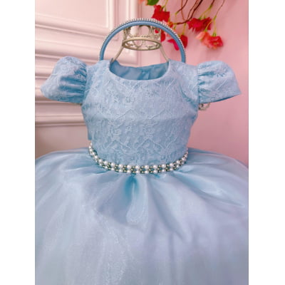 Vestido Infantil Azul C/ Renda e Cinto de Pérolas Tiara