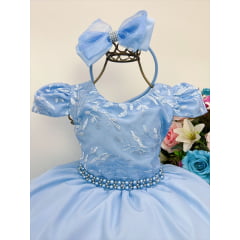 Vestido Infantil Azul C/ Renda e Cinto Pérolas Tiara Strass