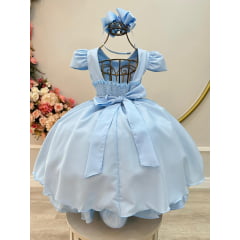 Vestido Infantil Azul Cinto de Pérolas Busto Nervuras Luxo