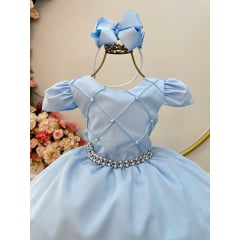 Vestido Infantil Azul Cinto de Pérolas Busto Nervuras Luxo