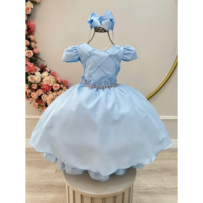 Vestido Infantil Azul Cinto de Pérolas Busto Nervuras Luxo