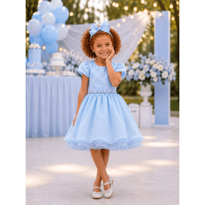 Vestido Infantil Azul Cinto de Pérolas Busto Nervuras Luxo