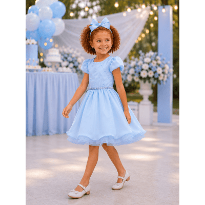 Vestido Infantil Azul Cinto de Pérolas Busto Nervuras Luxo