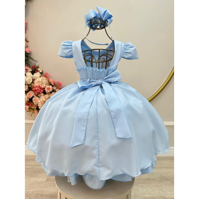 Vestido Infantil Azul Cinto de Pérolas Busto Nervuras Luxo