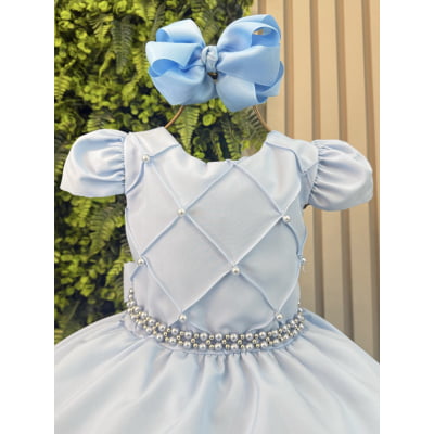 Vestido Infantil Azul Cinto de Pérolas Busto Nervuras Luxo
