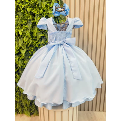 Vestido Infantil Azul Cinto de Pérolas Busto Nervuras Luxo