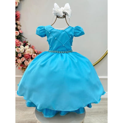 Vestido Infantil Azul Cinto de Pérolas Festas Daminhas Luxo