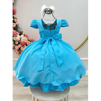 Vestido Infantil Azul Cinto de Pérolas Festas Daminhas Luxo
