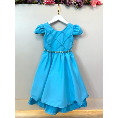 Vestido Infantil Azul Cinto de Pérolas Festas Daminhas Luxo