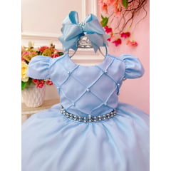 Vestido Infantil Azul Cinto de Pérolas Busto Nervuras Luxo