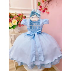 Vestido Infantil Azul Cinto de Pérolas Busto Nervuras Luxo
