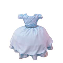 Vestido Infantil Azul Cinto de Pérolas Busto Nervuras Luxo