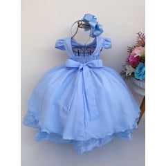 Vestido Infantil Azul Cinto de Pérolas Nervuras Luxo