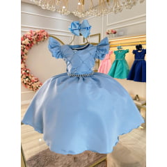 Vestido Infantil Azul Claro Busto Nervura Com Pérolas Festas