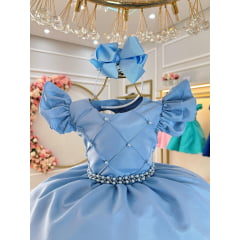 Vestido Infantil Azul Claro Busto Nervura Com Pérolas Festas