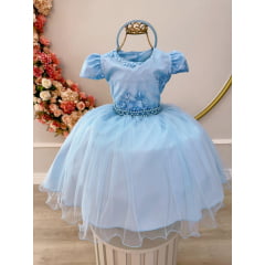 Vestido Infantil Azul Com Cinto de Pérolas e Renda Festas