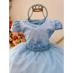 Vestido Infantil Azul Com Cinto de Pérolas e Renda Festas