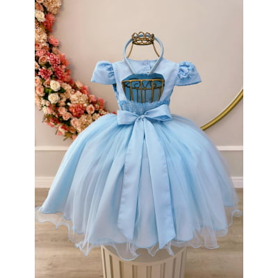 Vestido Infantil Azul Com Cinto de Pérolas e Renda Festas