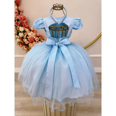 Vestido Infantil Azul Com Renda e Cinto de Pérolas Festas