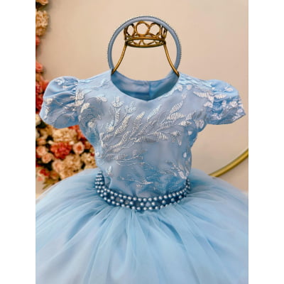 Vestido Infantil Azul Com Renda e Cinto de Pérolas Festas