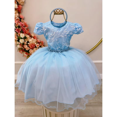 Vestido Infantil Azul Com Renda e Cinto de Pérolas Festas