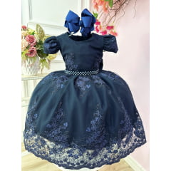 Vestido Infantil Azul Marinho C/ Renda Realeza Cinto Pérolas