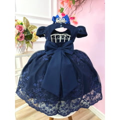 Vestido Infantil Azul Marinho C/ Renda Realeza Cinto Pérolas