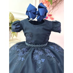 Vestido Infantil Azul Marinho C/ Renda Realeza Cinto Pérolas