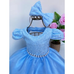 Vestido Infantil Azul Renda Damas Cinto Pérolas C/ Tiara