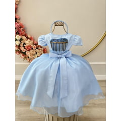 Vestido Infantil Azul Damas Renda Cinto Pérolas Tiara