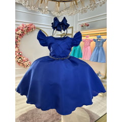 Vestido Infantil Azul Royal Busto Nervura Com Pérolas Festas