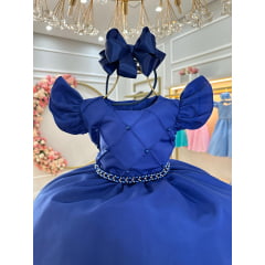 Vestido Infantil Azul Royal Busto Nervura Com Pérolas Festas