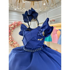 Vestido Infantil Azul Royal Busto Nervura Com Pérolas Festas