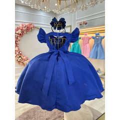 Vestido Infantil Azul Royal Busto Nervura Com Pérolas Festas