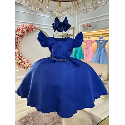 Vestido Infantil Azul Royal Busto Nervura Com Pérolas Festas