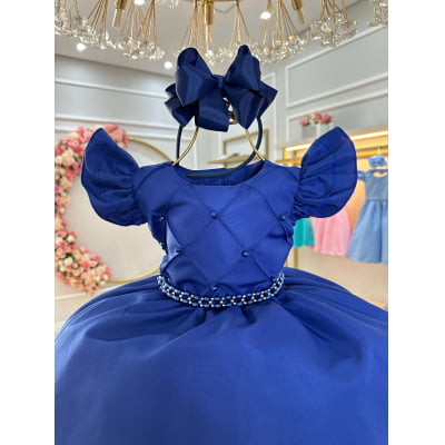 Vestido Infantil Azul Royal Busto Nervura Com Pérolas Festas