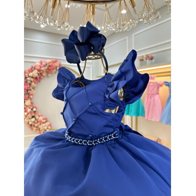 Vestido Infantil Azul Royal Busto Nervura Com Pérolas Festas