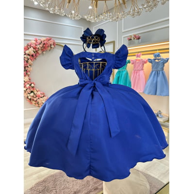 Vestido Infantil Azul Royal Busto Nervura Com Pérolas Festas