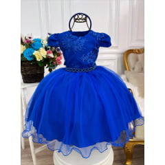 Vestido Infantil Azul Royal C/ Renda e Cinto de Pérolas Luxo