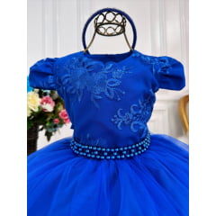 Vestido Infantil Azul Royal C/ Renda e Cinto de Pérolas Luxo