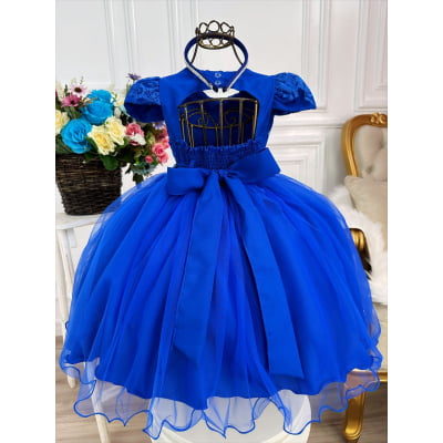 Vestido Infantil Azul Royal C/ Renda e Cinto de Pérolas Luxo