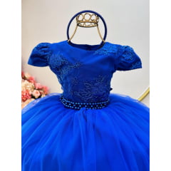 Vestido Infantil Azul Royal C/ Renda Metalizada C/ Tiara