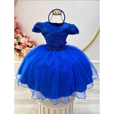 Vestido Infantil Azul Royal C/ Renda Metalizada C/ Tiara