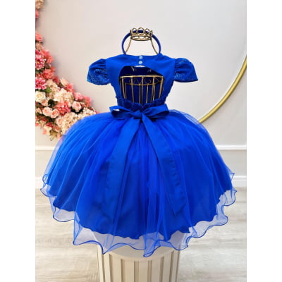 Vestido Infantil Azul Royal C/ Renda Metalizada C/ Tiara