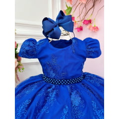 Vestido Infantil Azul Royal C/ Renda Realeza Cinto de Pérolas