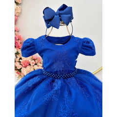 Vestido Infantil Azul Royal C/ Renda Realeza Cinto de Pérolas