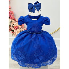 Vestido Infantil Azul Royal C/ Renda Realeza Cinto de Pérolas