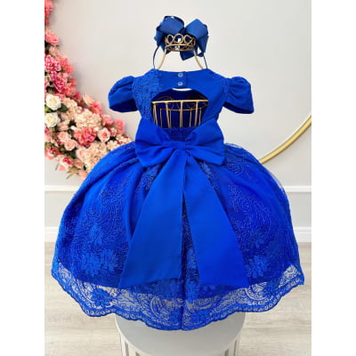 Vestido Infantil Azul Royal C/ Renda Realeza Cinto de Pérolas